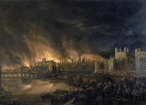 Detail of the Great Fire of London by an unknown painter.