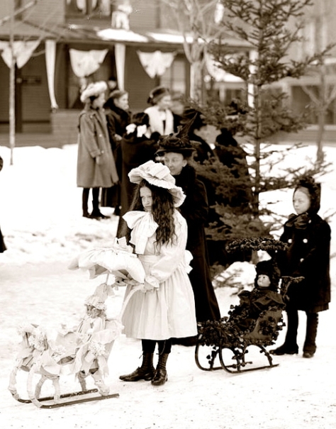Little Girls with their Dolls in Sleighs ~ c.1909