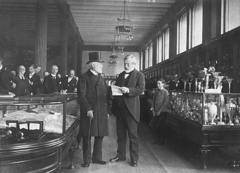 Charles Lewis Tiffany (left) in his store, about 1887
