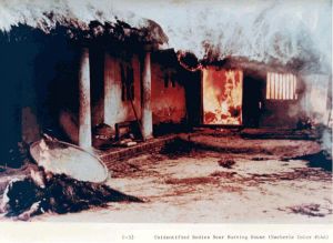 Unidentified bodies near burning house. My Lai, Vietnam. March 16, 1968.