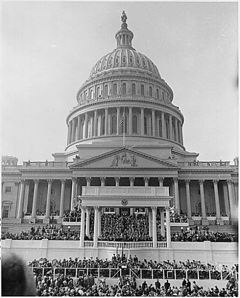 Photograph of the U.S. Capitol and the Inaugural platform during ceremonies marking the Inauguration of Dwight D. Eisenhower as President of the United States. 20th January 1953.