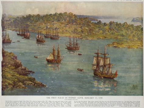 Reproduction of John Allcot (1888–1973), The First Fleet in Sydney Cove, January 27, 1788, from The Sydney Mail, January 26, 1938. National Library of Australia, Canberra.