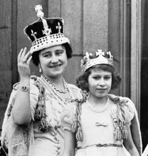 Queen Elizabeth with Princess Elizabeth on the balcony of Buckingham Palace after George VI_s coronation. 12th May 1937.