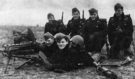 Danish_soldiers_on_9_April_1940 A squad of Danish troops on the morning of the German invasion, 9 April 1940, photographed near Bredevad i Southern Jutland. Two of these men were killed